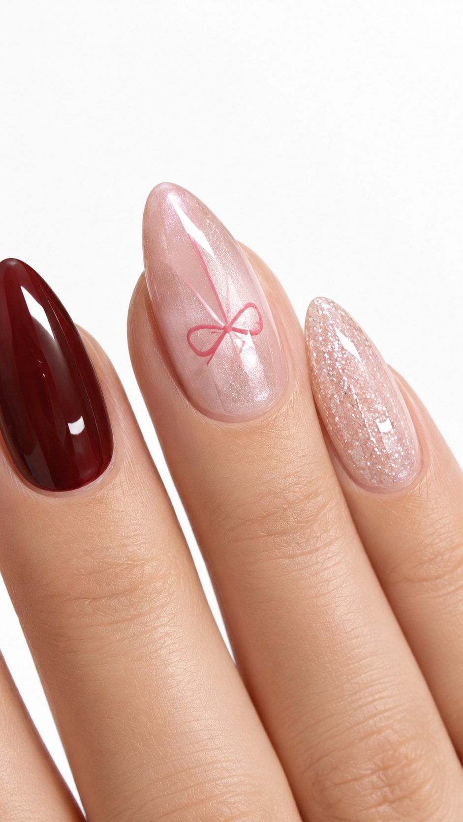 Cerise noire — Bordeaux, nœud rose & paillettes